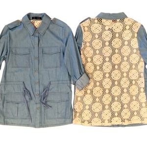 Jealous Tomato NWOT Utility Jacket/Top Ivory Lace Back Snap Front Blue Small